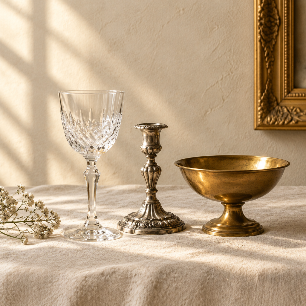Square still life of hand-cut crystal, an antique silver candlestick, brass compote and gilt frame on a warm ivory background