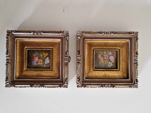 Antique Miniature Floral Paintings in Ornate Gilt Frames: A Touch of Timeless Elegance