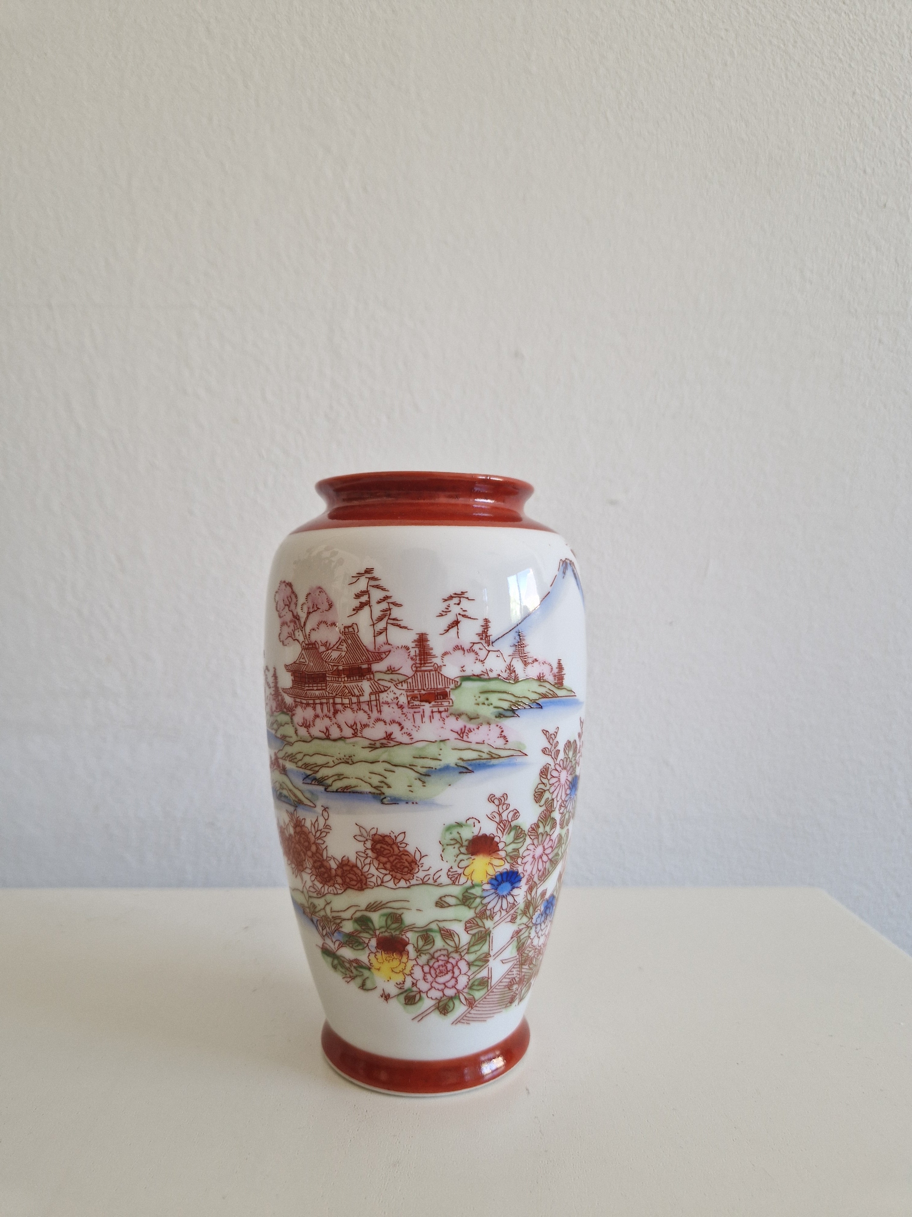 Japanese Porcelain Vase | Hand-Painted Geisha & Landscape Scene | Red Seal Mark 西園華製