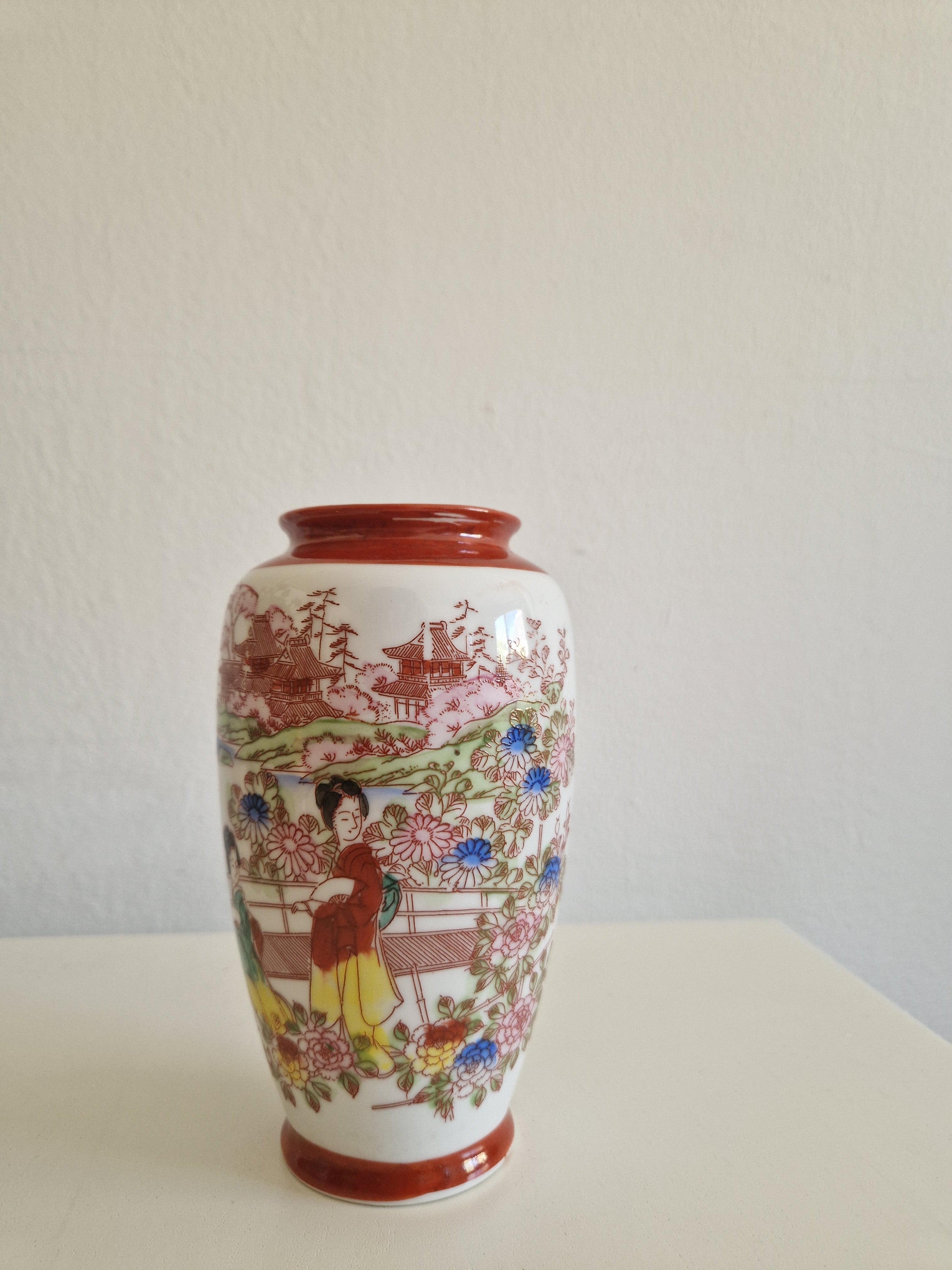 Japanese Porcelain Vase | Hand-Painted Geisha & Landscape Scene | Red Seal Mark 西園華製