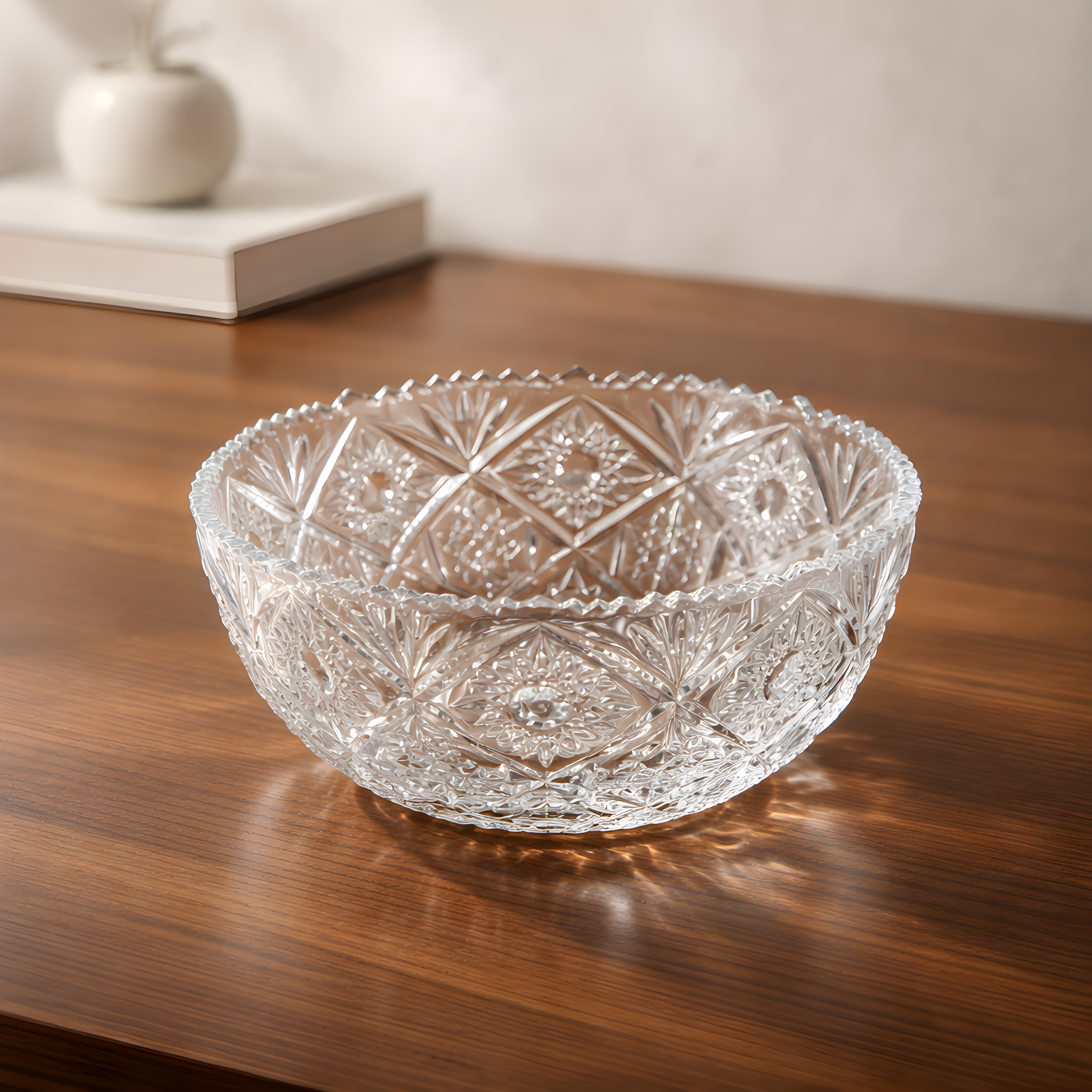 Vintage Heavy Cut Crystal Bowl – Sawtooth Rim | Diamond Panels, Star Snowflake & Hobnail Cuts | Sunburst Base | approx. 20 cm diameter