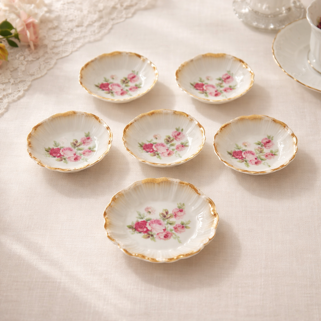 Set of 6 Antique Bohemian Porcelain Bowls – Victoria Austria, Pink Roses