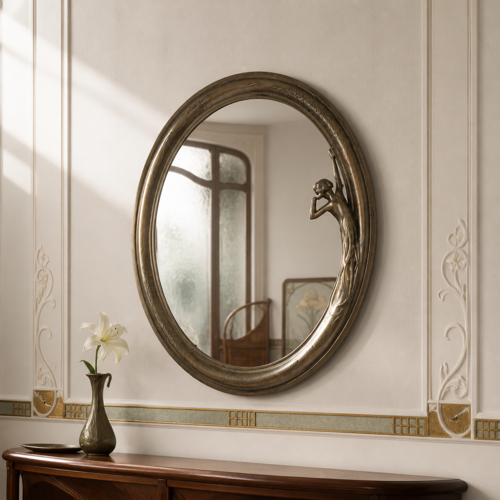 Art Nouveau oval mirror with sculpted female figure in silver-bronze, styled in an elegant interior
