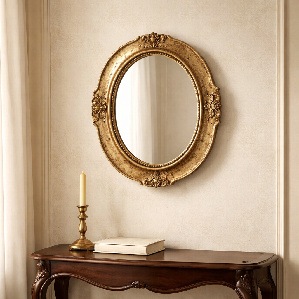 Baroque oval gilt mirror with wide embossed gold frame styled above a wooden console table with candlestick