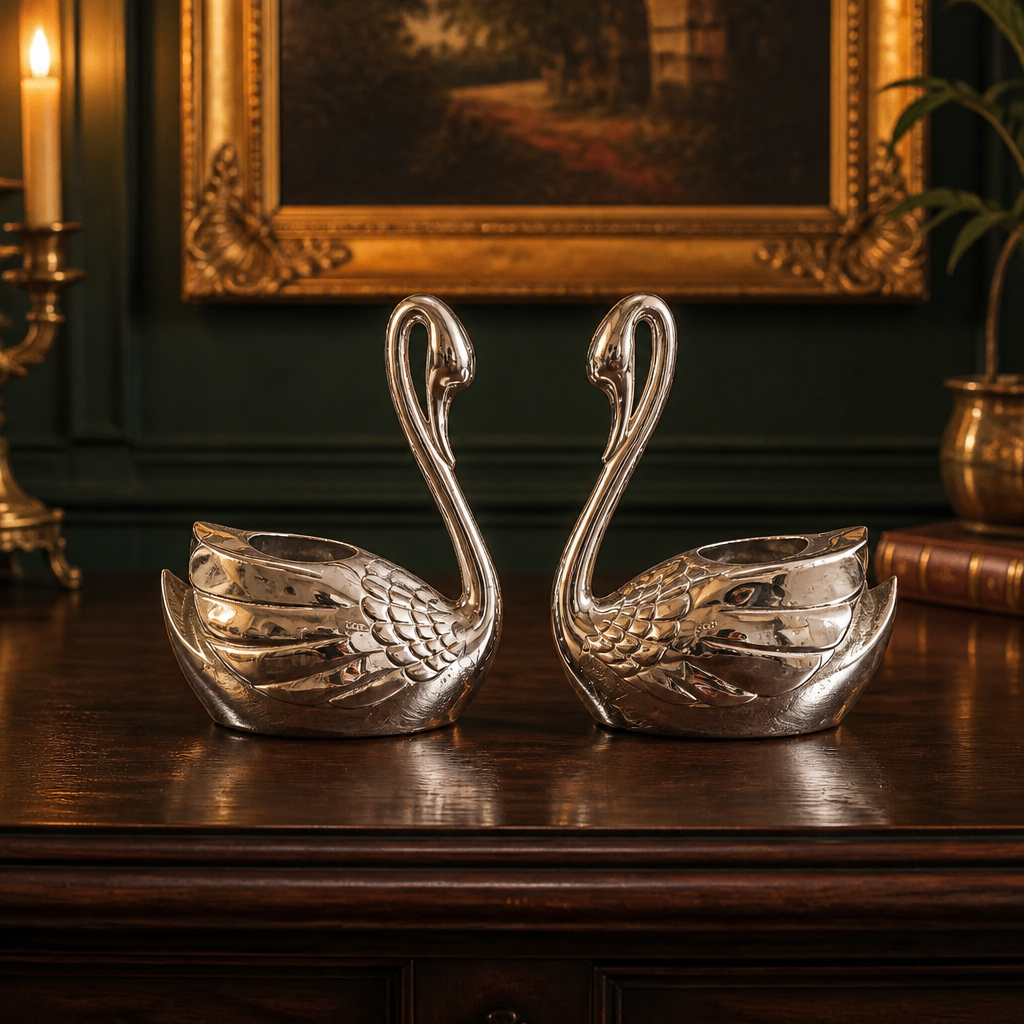 Vintage Silver-Plated Swan Candlestick Holders Set of 2 Decorative Table Antique Style - WhisperTreasuresCo