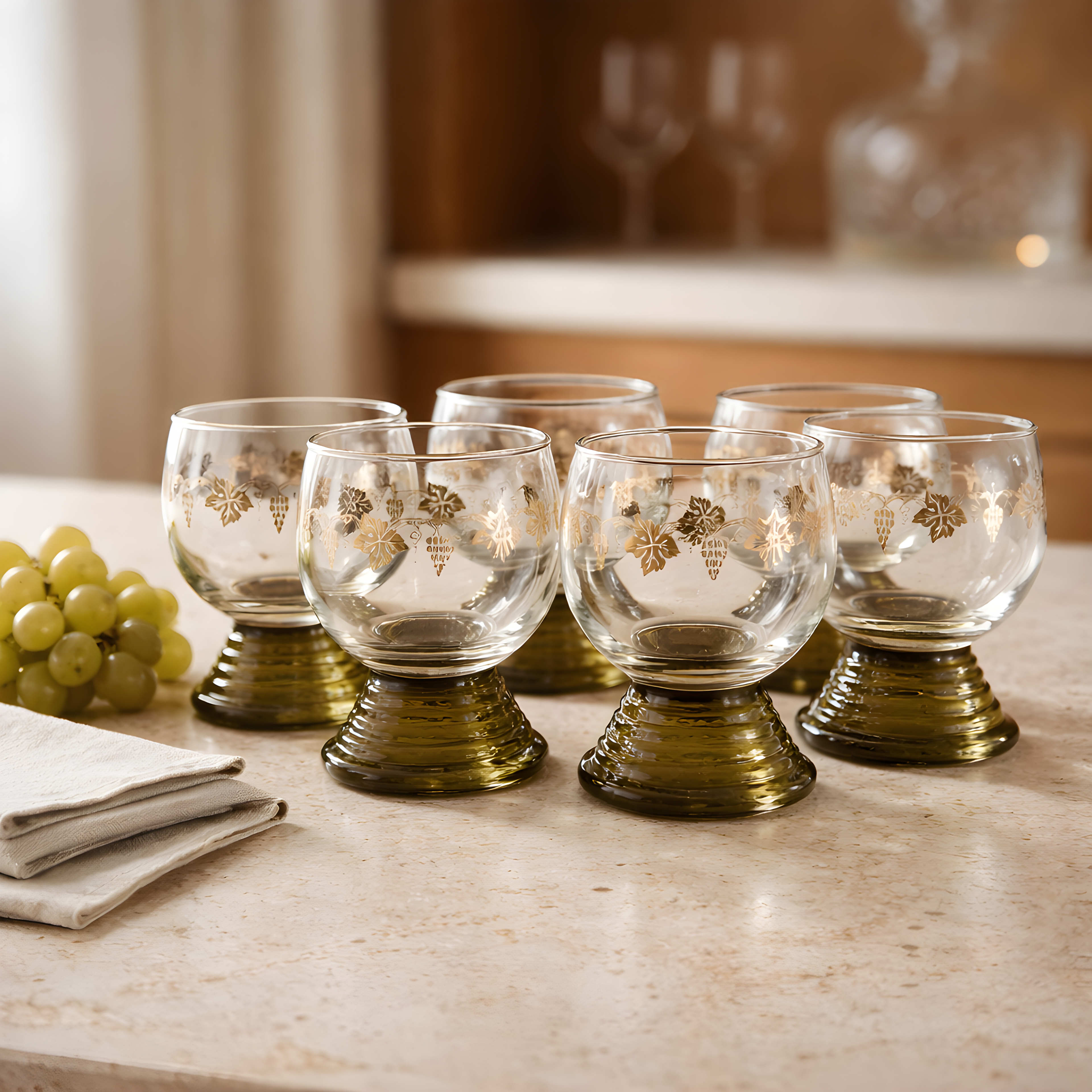 Set of 6 Vintage Green-Footed Wine Glasses – Gold Grapevine Decor, Römer Style