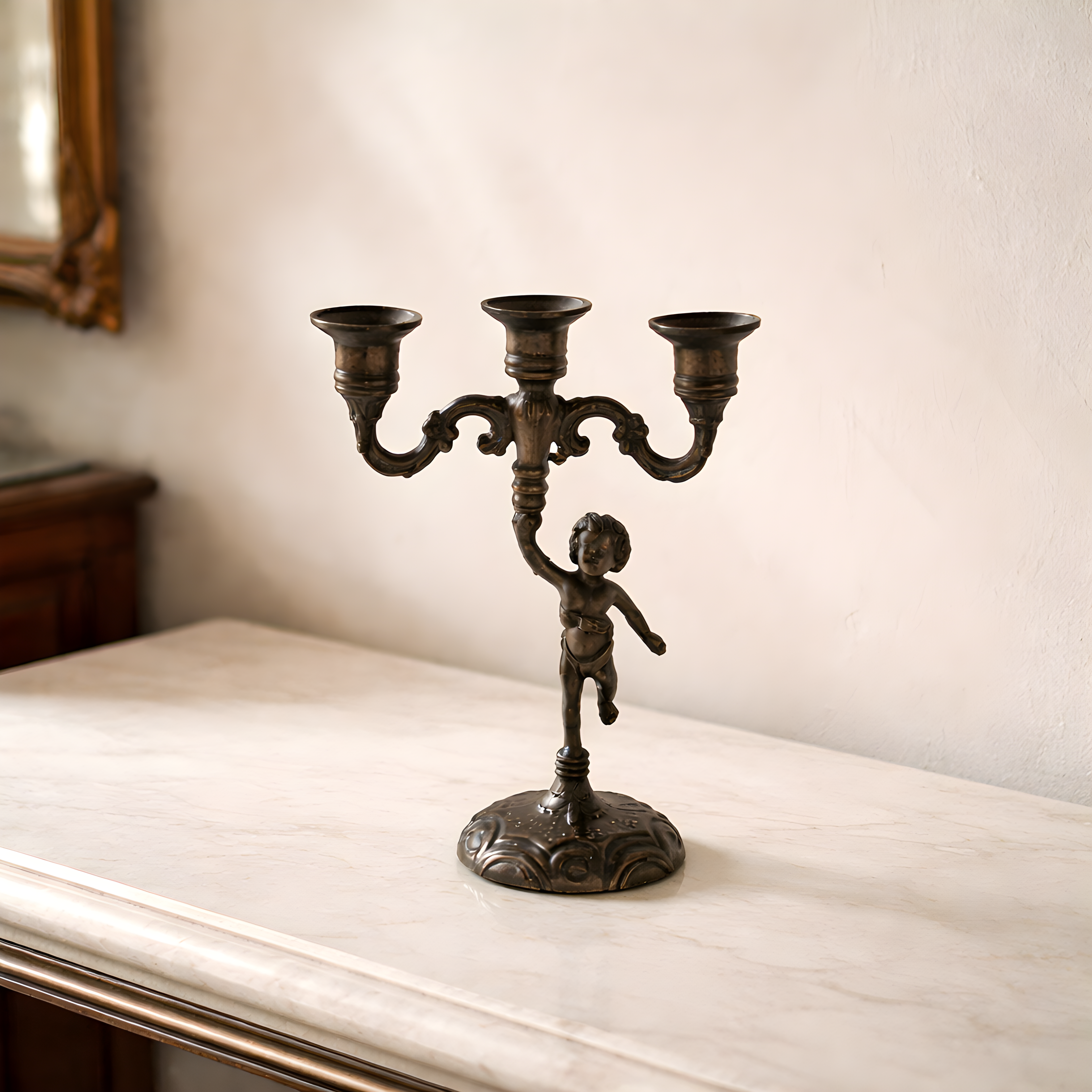 Vintage Cherub Candelabra | French Rococo 3-Arm Candle Holder with Dancing Putto Figure, c. Late 19th Century