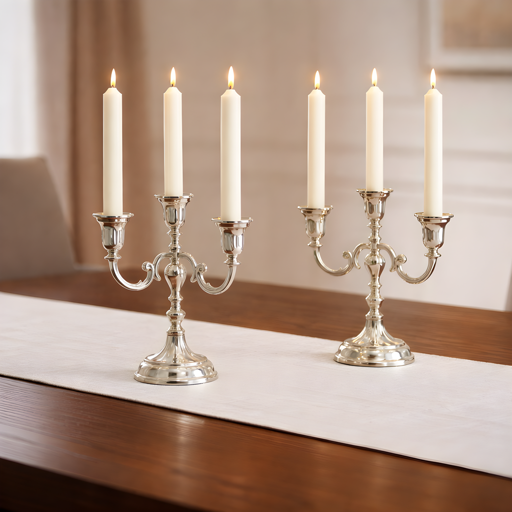 Matched Pair of Vintage Silver-Plated 3-Arm Candelabra – Baroque Style