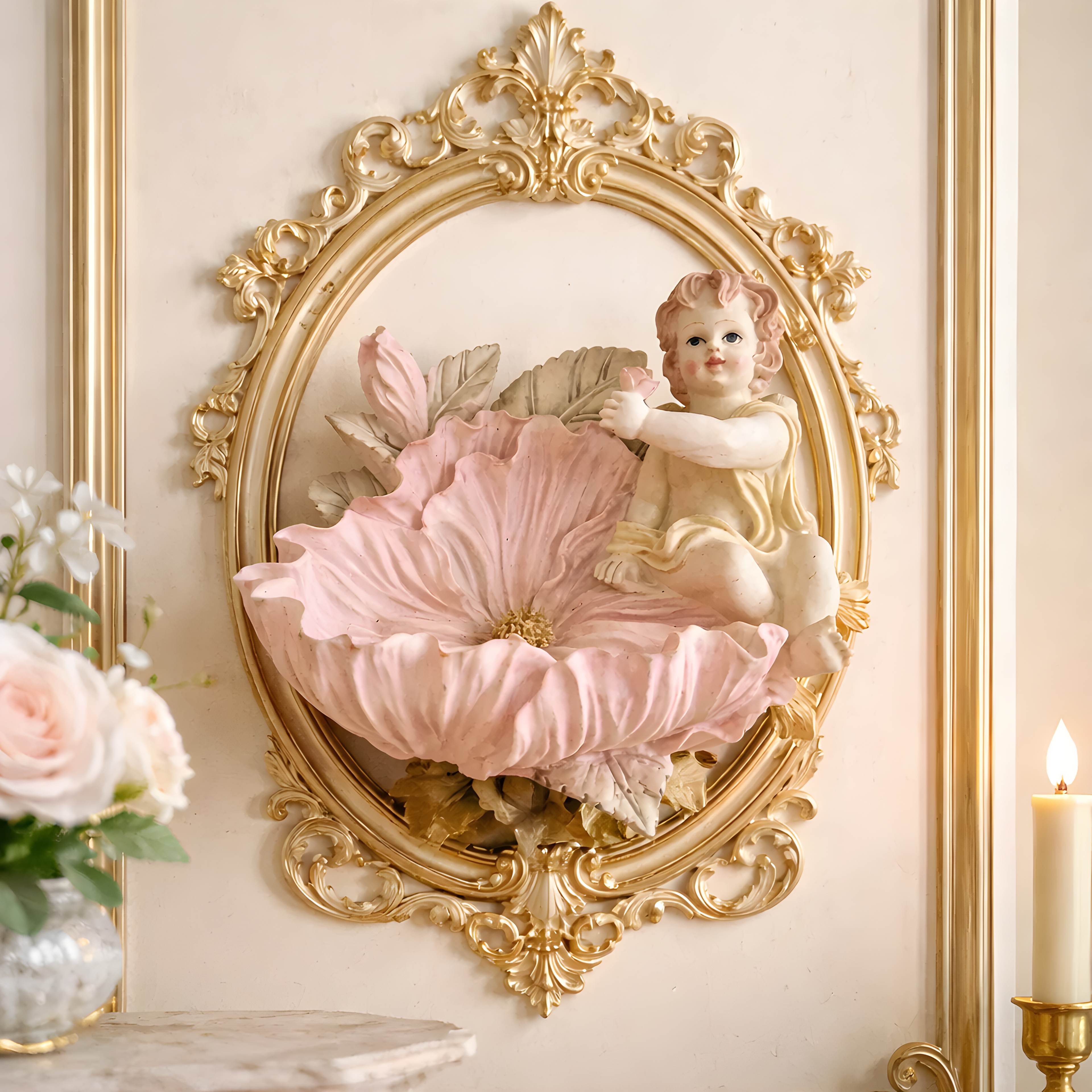 Vintage Cherub & Pink Flower Wall Plaque – Resin, Romantic Wall Decor