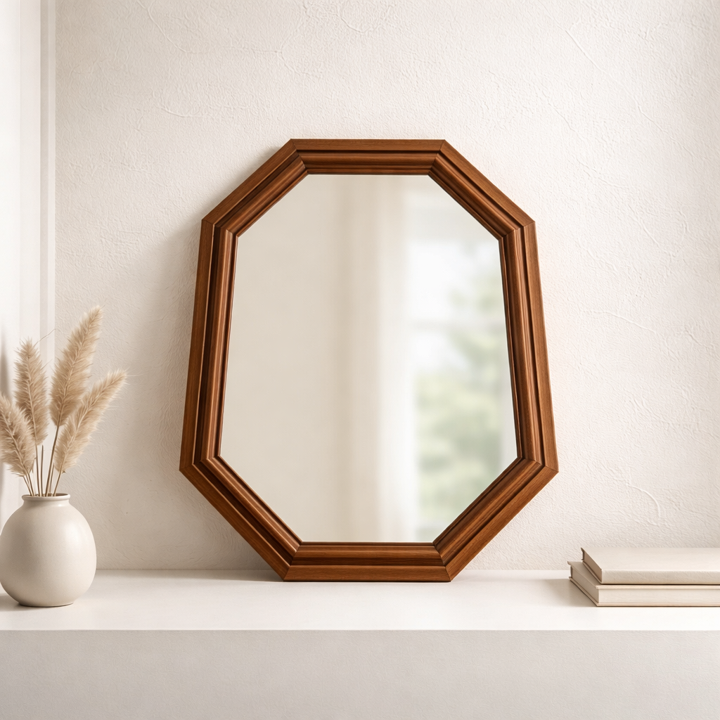 Vintage Octagonal Wall Mirror – Walnut Wood Frame, Double-Stepped Profile