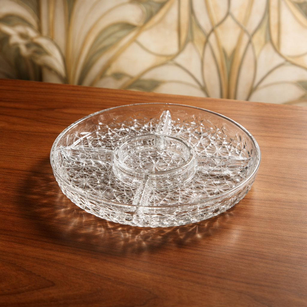 Plat de service divisé en verre pressé vintage — Motif étoile et flocon de neige, Plateau à hors-d'œuvre à 4 sections
