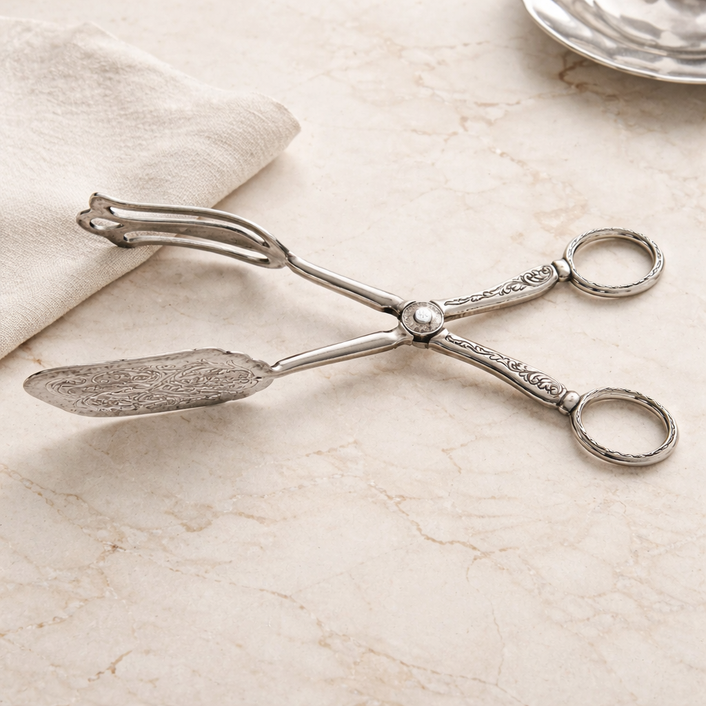 Pince à pâtisserie et gâteau italienne plaquée argent – Lame gravée acanthe rococo | Action ciseaux avec anneaux de doigt | E.P. Silverplated Italy | 20 cm