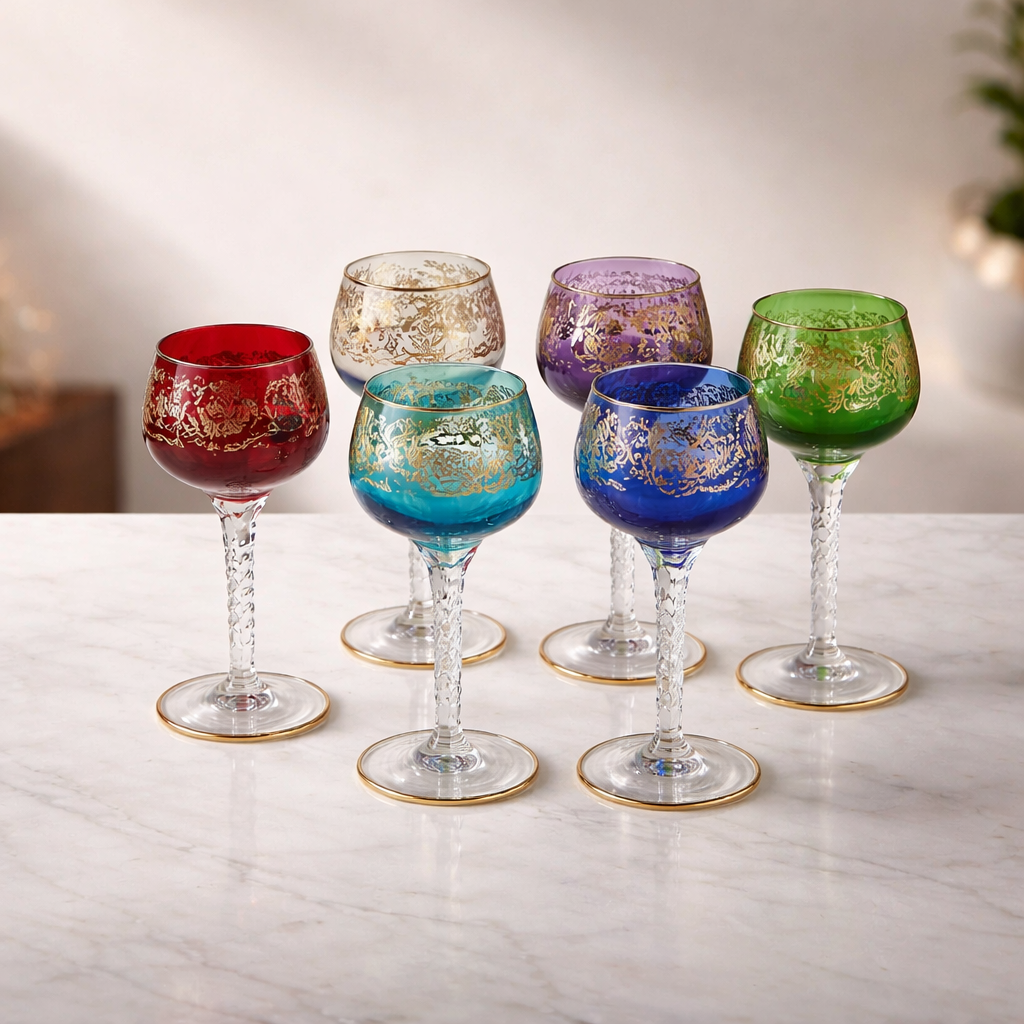 Set of 6 Venetian Crystal Hock Wine Glasses – Gold Rococo Enamel Decoration | 6 Colours | Twisted Air-Twist Stem | Gold Rim | 20 cm