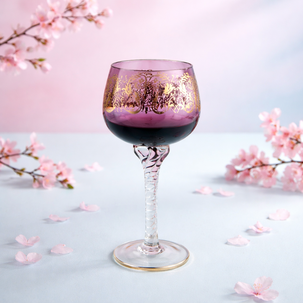 Lot de 6 verres à vin Hock en cristal de Venise – Décoration émaillée Rococo dorée | 6 couleurs | Pied torsadé | Bord doré | 20 cm