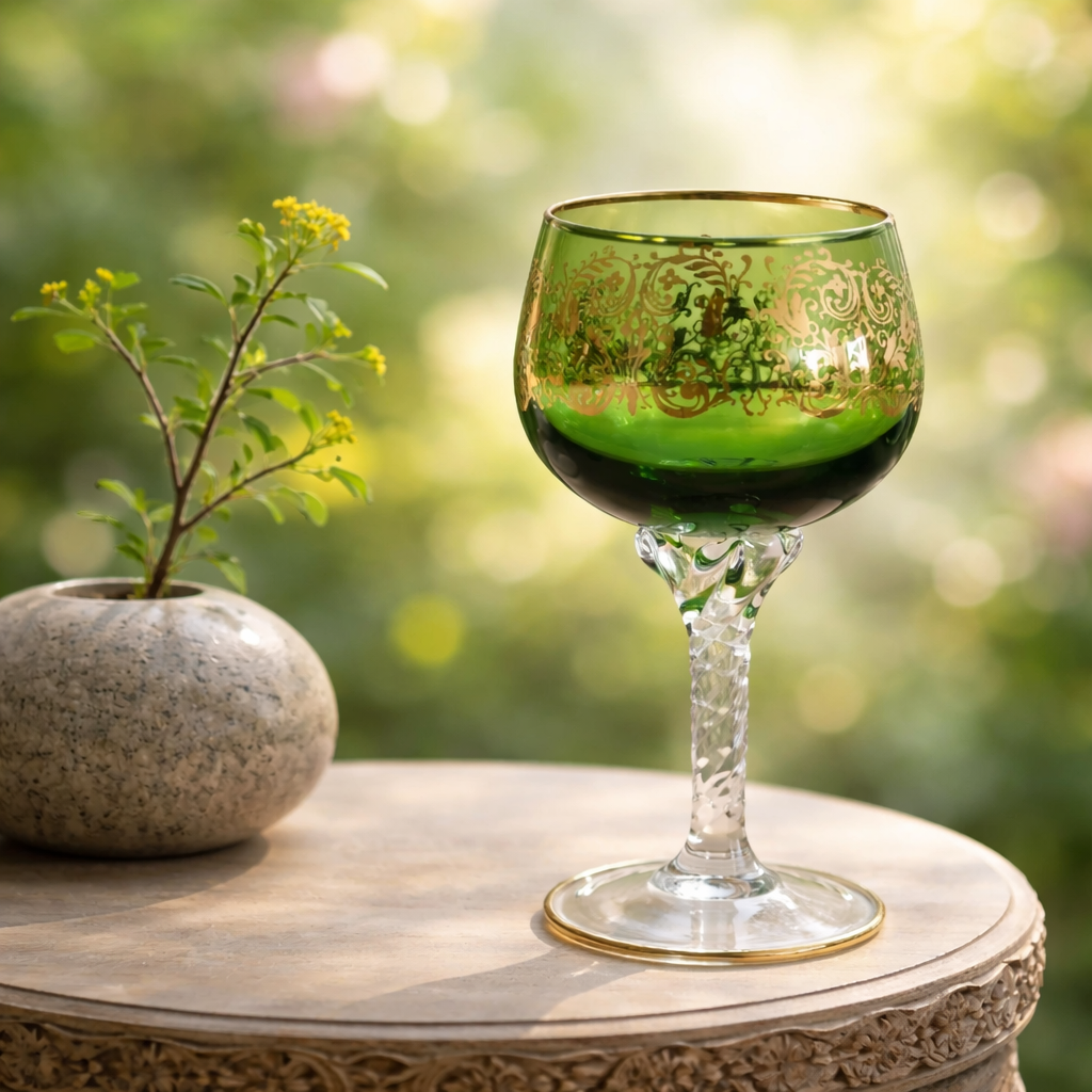 Lot de 6 verres à vin Hock en cristal de Venise – Décoration émaillée Rococo dorée | 6 couleurs | Pied torsadé | Bord doré | 20 cm