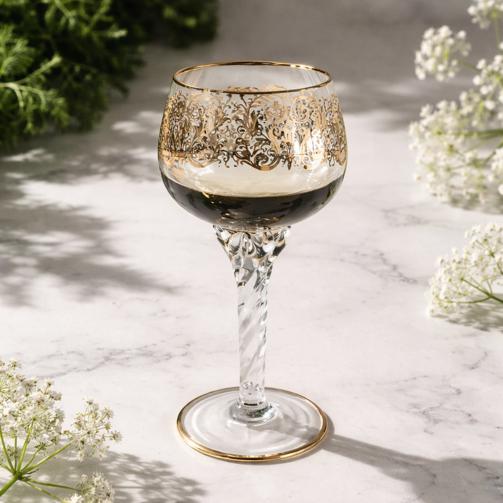 Lot de 6 verres à vin Hock en cristal de Venise – Décoration émaillée Rococo dorée | 6 couleurs | Pied torsadé | Bord doré | 20 cm