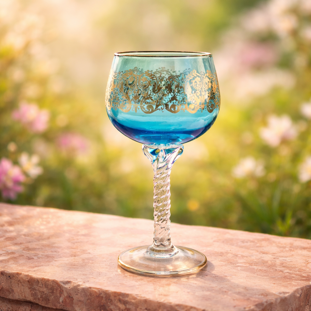 Lot de 6 verres à vin Hock en cristal de Venise – Décoration émaillée Rococo dorée | 6 couleurs | Pied torsadé | Bord doré | 20 cm
