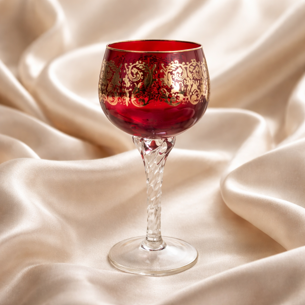 Lot de 6 verres à vin Hock en cristal de Venise – Décoration émaillée Rococo dorée | 6 couleurs | Pied torsadé | Bord doré | 20 cm