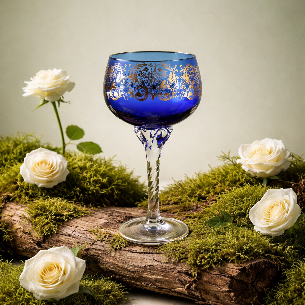 Lot de 6 verres à vin Hock en cristal de Venise – Décoration émaillée Rococo dorée | 6 couleurs | Pied torsadé | Bord doré | 20 cm