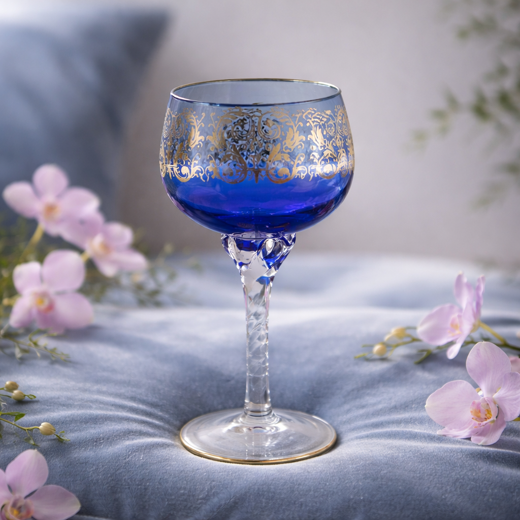 Lot de 6 verres à vin Hock en cristal de Venise – Décoration émaillée Rococo dorée | 6 couleurs | Pied torsadé | Bord doré | 20 cm