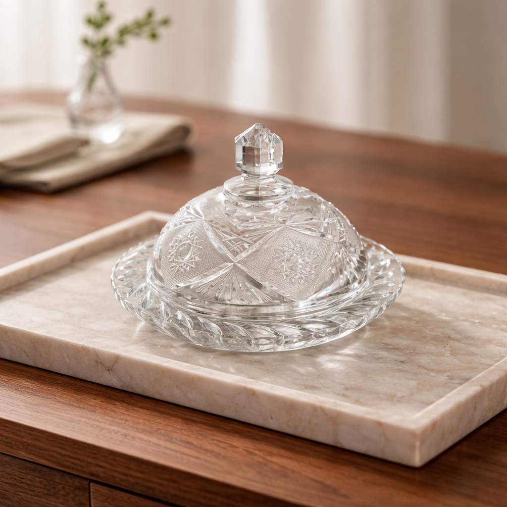 Vintage Cut Crystal Butter Dish & Dome Cloche – Fan, Star & Diamond Cuts | Faceted Octagonal Knob | 18 cm Plate | 11 cm Height