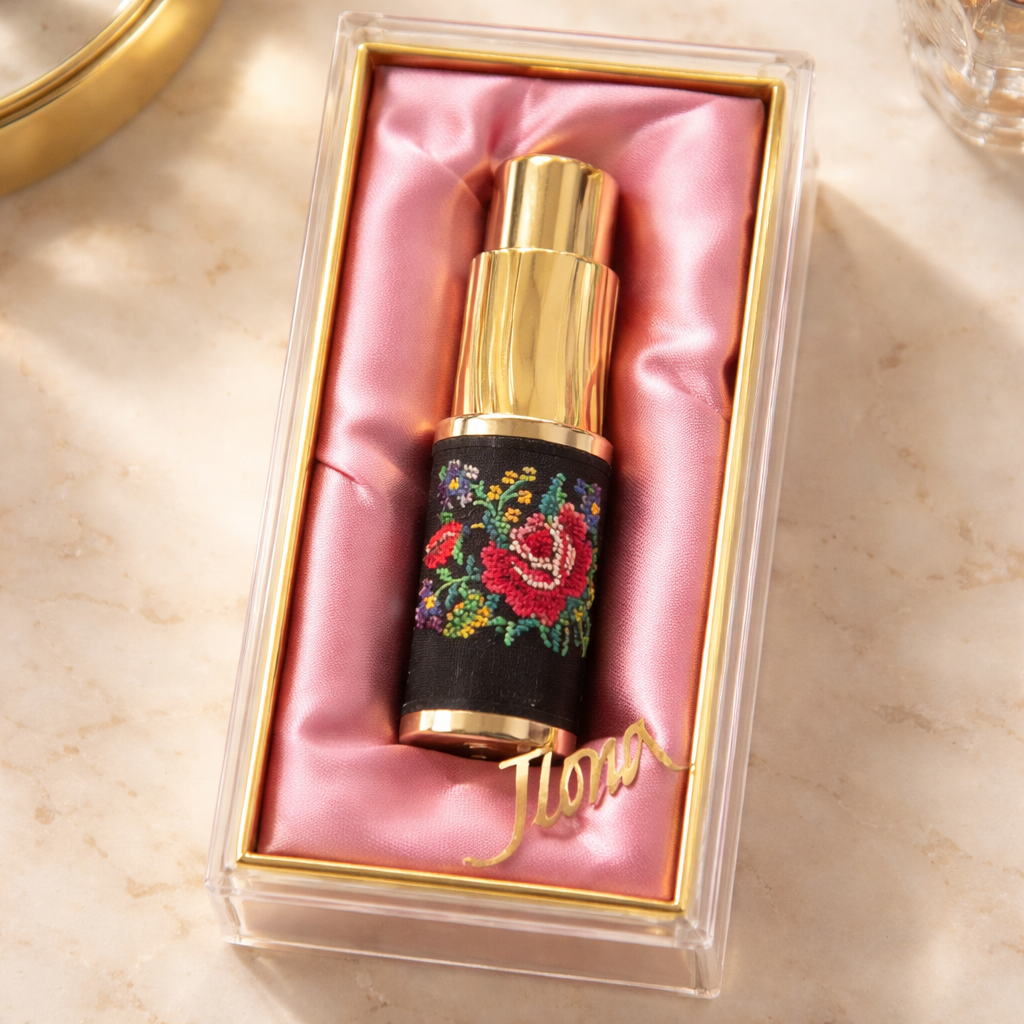 Vintage Ilona Petit Point Perfume Atomiser in Original Box — Rose Bouquet, Gold-Tone