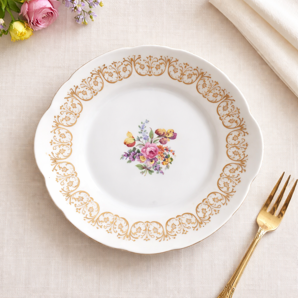 Bohemia Czechoslovakia Porcelain Dessert Plate Gold Scrollwork Hand-Painted Floral Bouquet Antique - WhisperTreasuresCo