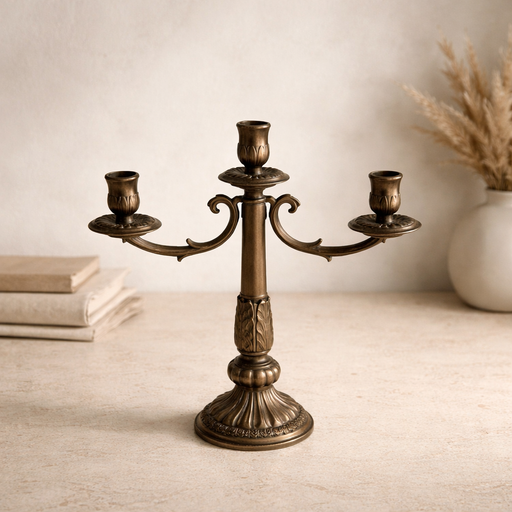 Antique Brass 3-Arm Candelabra – Empire Neoclassical, Acanthus & Gadroon Detail