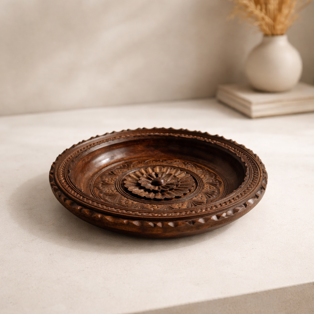 Vintage Mid-Century Hand-Carved Wooden Decorative Bowl — Rosette & Chip Carving, Folk Art