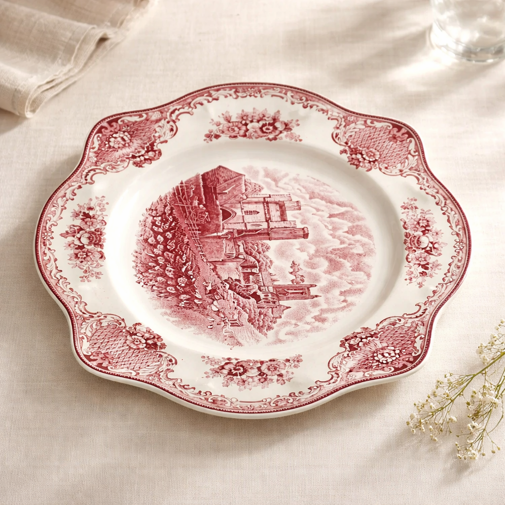 Plat de service ovale Johnson Bros England « Old Britain Castles » rose