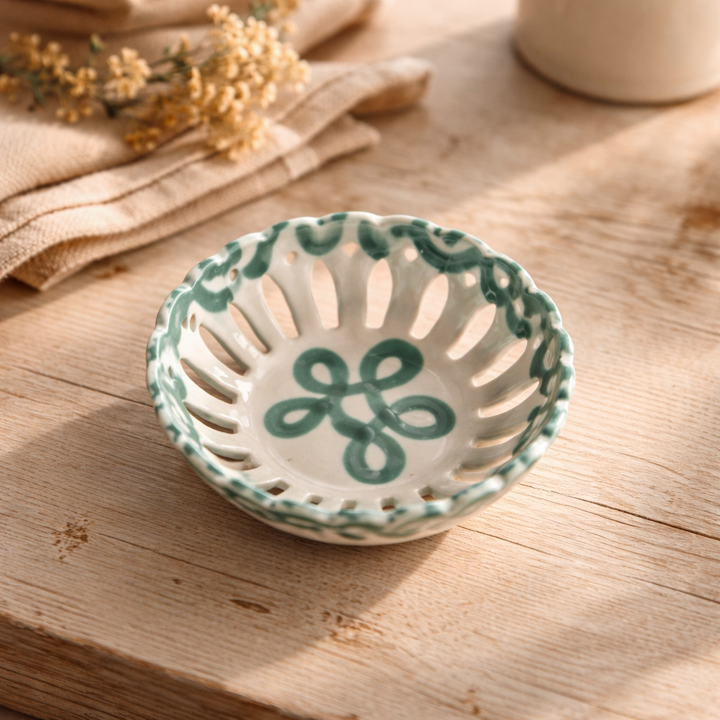 Bol en céramique ajouré vintage – Motif floral folklorique sarcelle