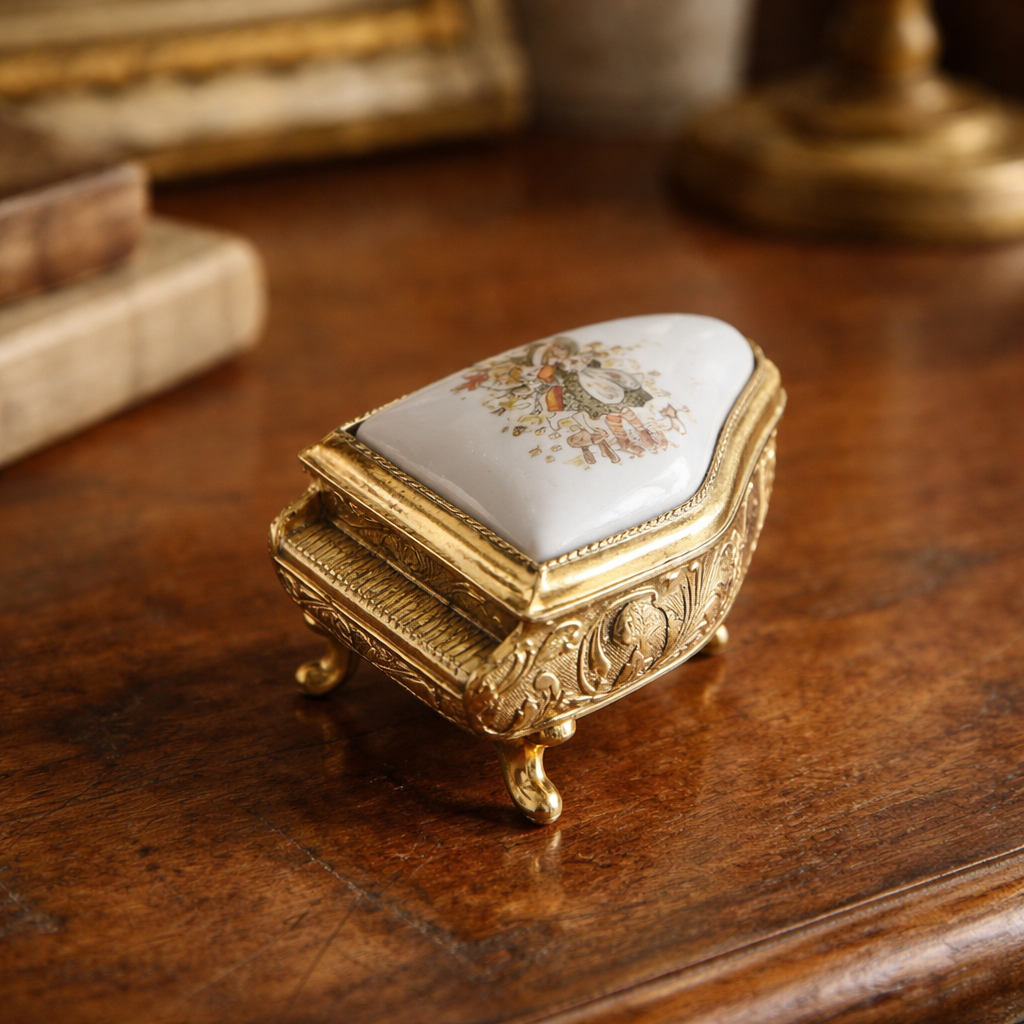 Vintage Miniature Grand Piano Trinket Box — Porcelain Lid, Gold-Tone Metal, Made in Japan