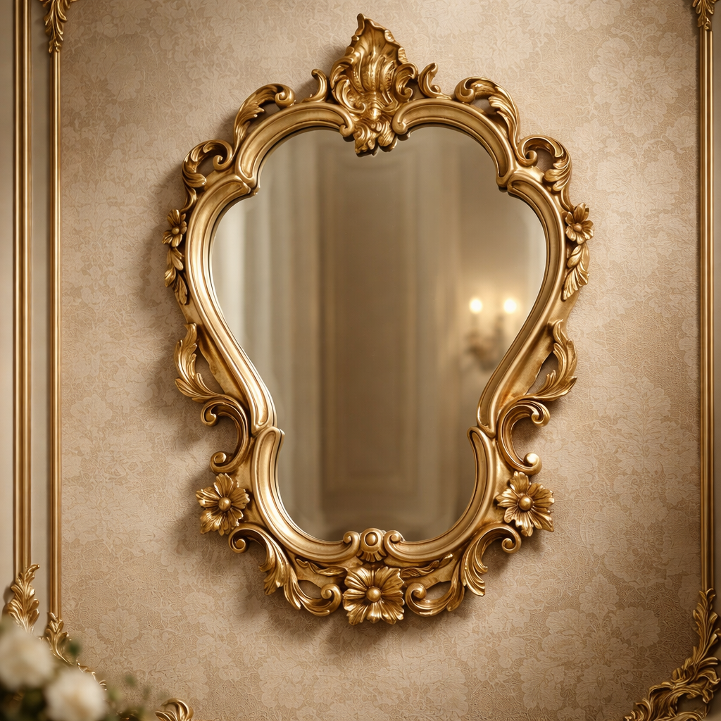 Ornate Rococo gilt wall mirror with acanthus scrolls, floral rosettes and shell crest finial