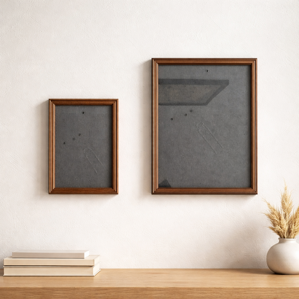 Lot de deux cadres photo vintage en bois, finition noyer — 27×32 cm et 13×18 cm