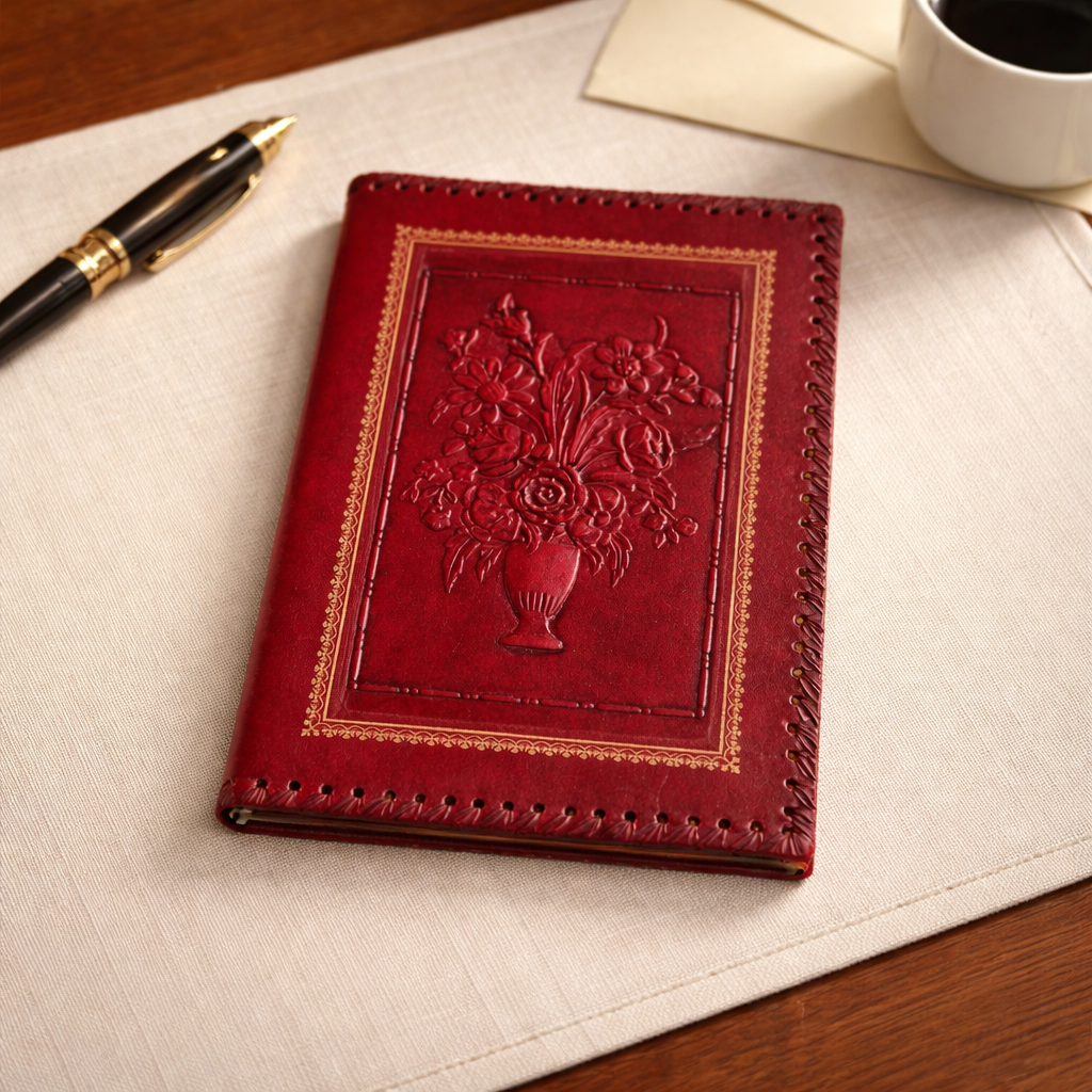 Vintage Hand-Tooled Crimson Leather Book / Journal Cover – Embossed Floral Bouquet & Gold Border | Whipstitch Edge | 20 × 14 cm