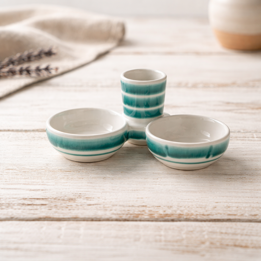 Ensemble de trois pots à condiments en céramique Gmunden — Rayures sarcelle, Fabriqué en Autriche