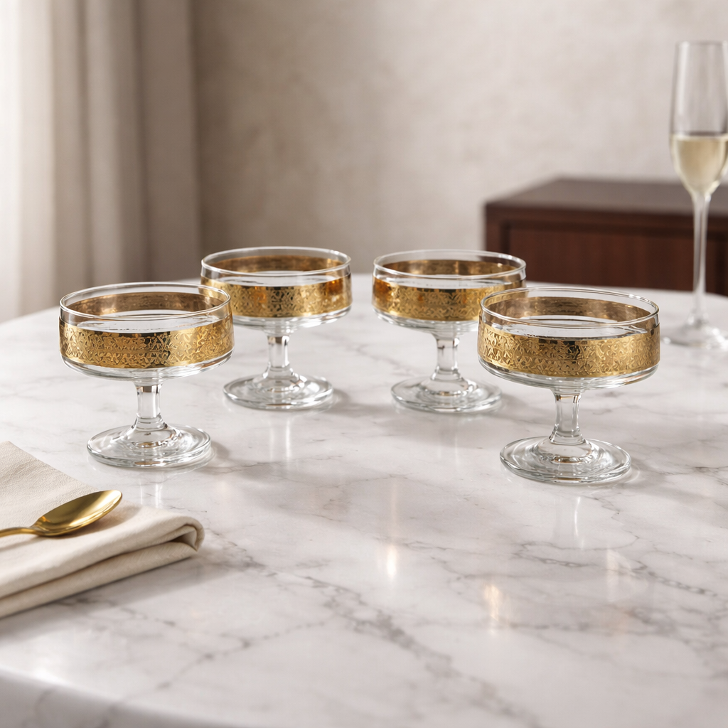 Set of 4 Vintage Gold Arabesque Glass Champagne Coupes | Mid-Century European