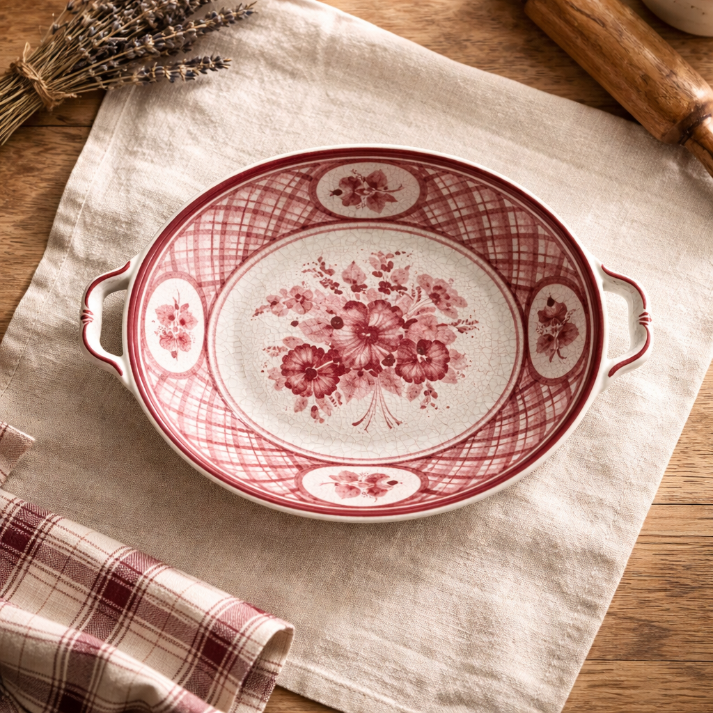 Gmundner Keramik Austria Hand-Painted Serving Bowl — Pink Floral Lattice | Handmalerei