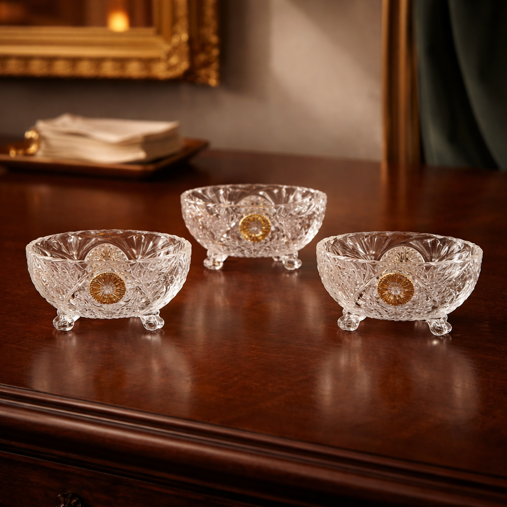Set of Three Anna Hütte Cut Crystal Salt Cellars with Gold Sunburst Medallions — Made in Austria