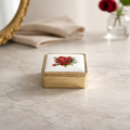 Vintage Gold-Tone Pill Box Porcelain Rose Lid Engraved Scrollwork Antique Vanity - WhisperTreasuresCo