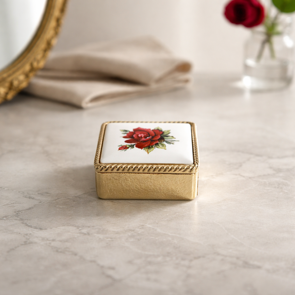 Vintage Gold-Tone Pill Box Porcelain Rose Lid Engraved Scrollwork Antique Vanity - WhisperTreasuresCo