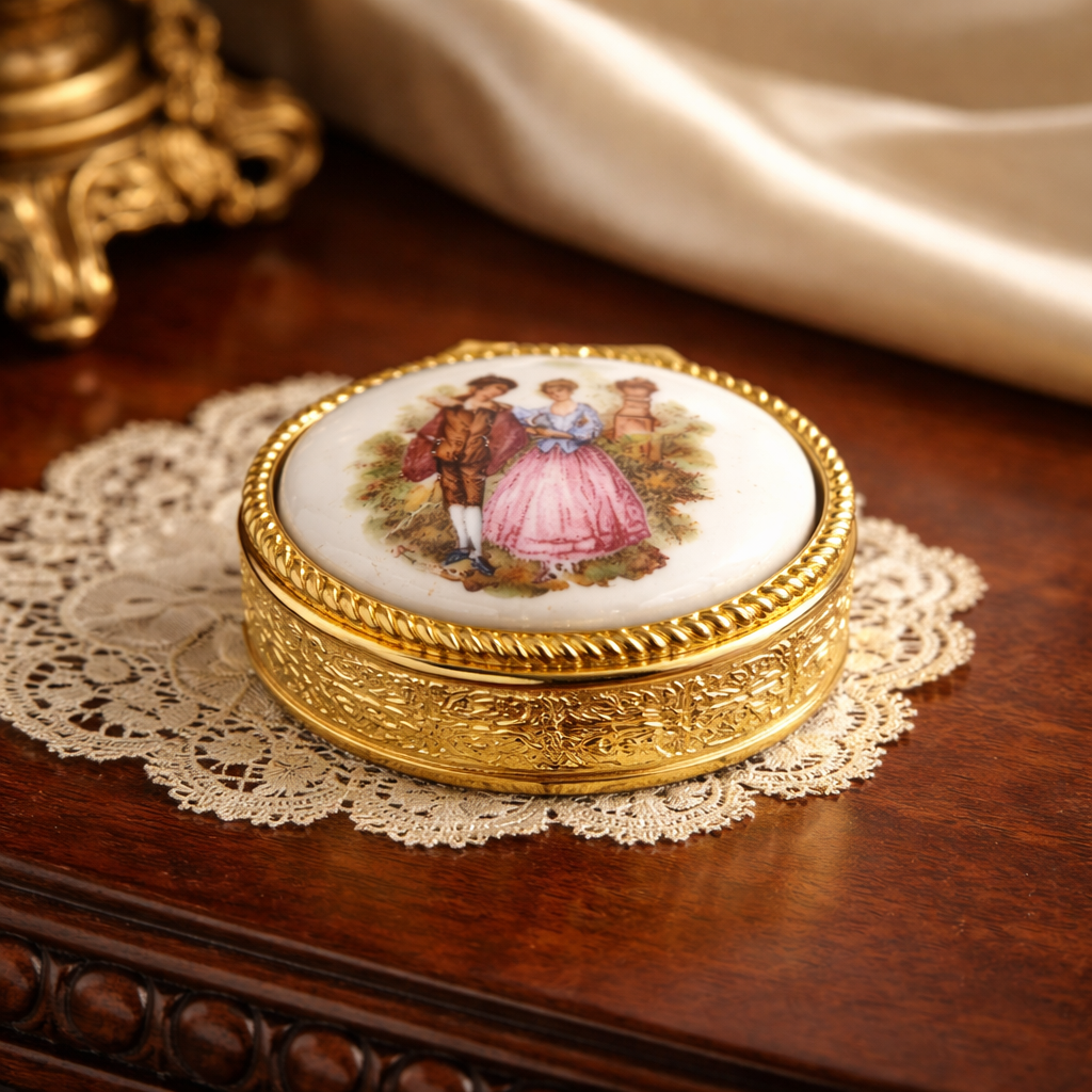 Vintage Oval Pill Box Fragonard Porcelain Lid Engraved Gold Body Pink Silk Interior Antique - WhisperTreasuresCo