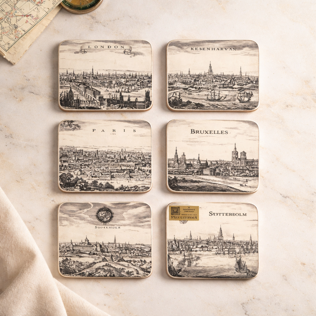 Vintage Coasters Pimpernel Set of 6 – 17th-Century European City Panoramas, Made in England