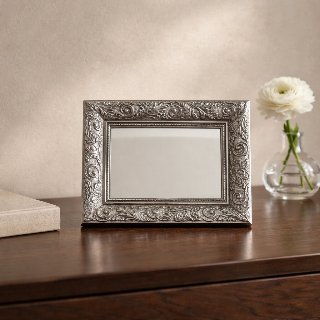 Miroir Baroque Orné Argenté — Mural ou à Poser | Cadre à Volutes d'Acanthus