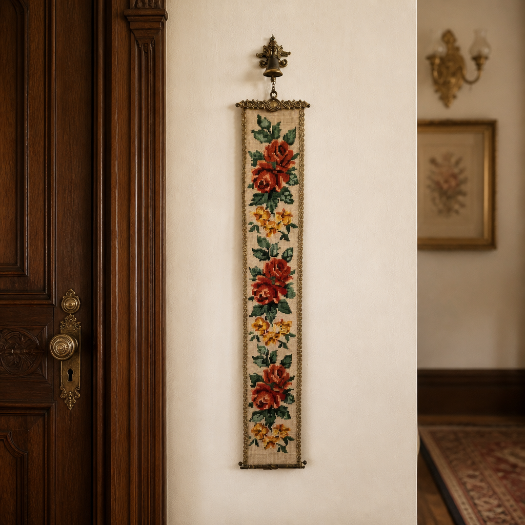 Cordon de sonnette ancien en tapisserie — Tapisserie florale à motifs de roses avec supports en laiton et sonnette fonctionnelle