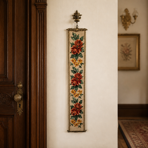 Antique Needlepoint Bell Pull Floral Rose Tapestry Brass Mounts Working Bell Vintage Wall Decor - WhisperTreasuresCo