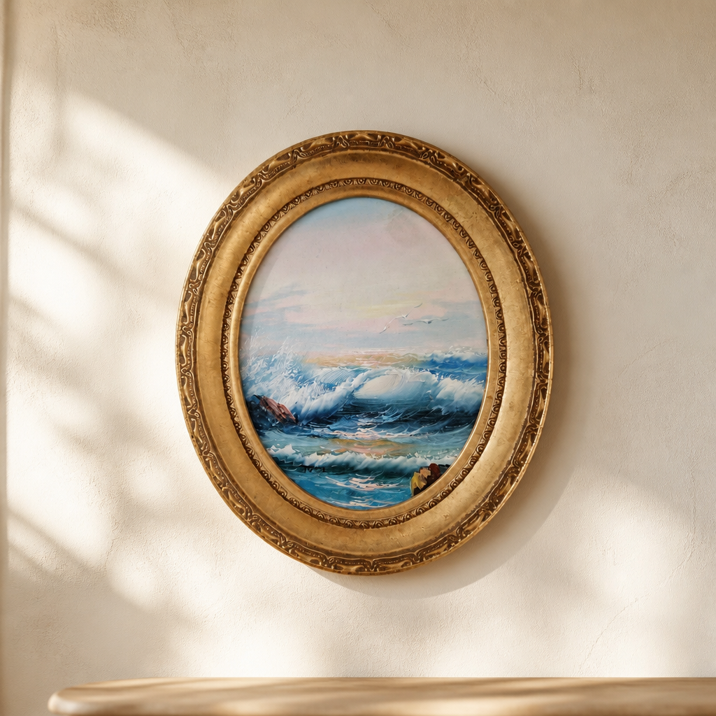 Antikes Ölgemälde – Stürmische Seelandschaft | Brechende Wellen & Möwen | Nach Aivazovsky | Ovaler vergoldeter Gesso-Rahmen | 27 × 34 cm