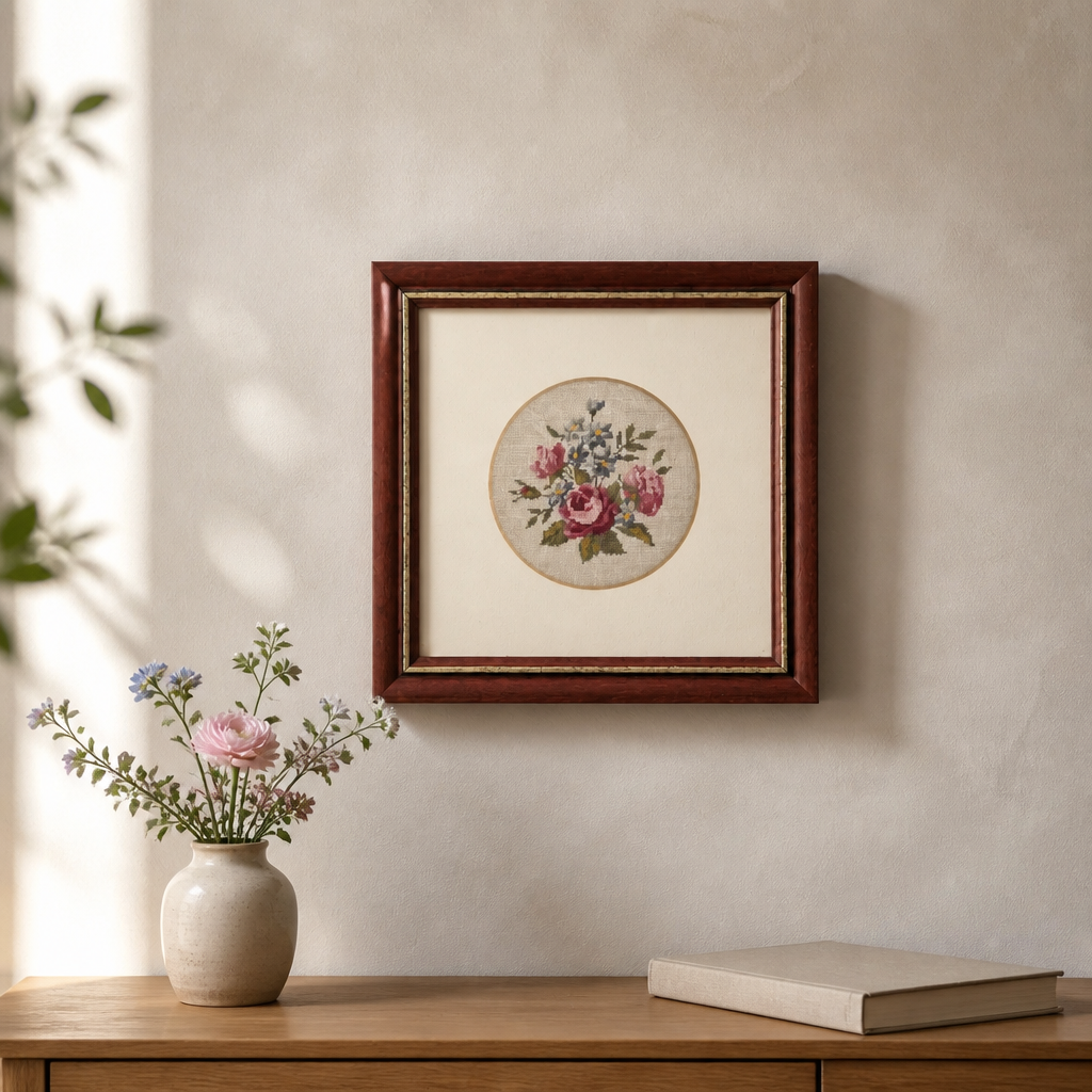 Vintage Framed Floral Needlepoint – Roses & Hydrangea Bouquet