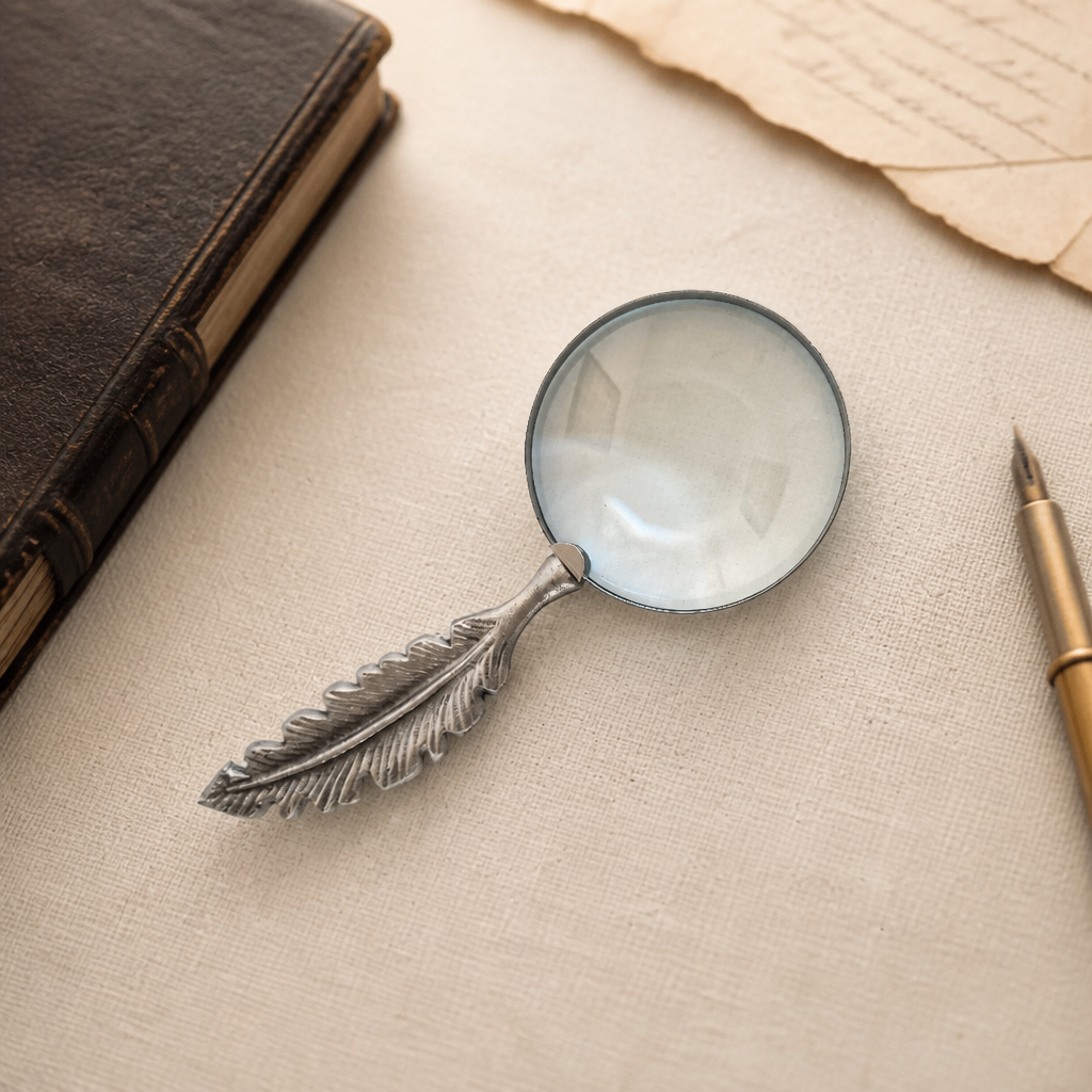 Loupe décorative avec manche en plume / penne – Étain finition argent antique | Lentille en verre ronde | 28 cm | Accessoire de bureau d'écriture