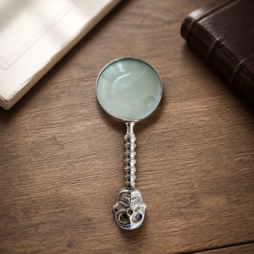 Vintage Magnifying Glass with Silver Skull Handle – Gothic Cabinet Curiosity, 27 cm